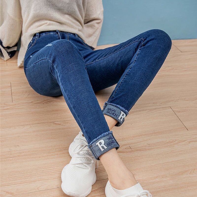 Blugi de damă cu talie înaltă, pantaloni creion groși elastici, catifea de damă, pantaloni caldi, spălați, lungi pentru picioarele mici