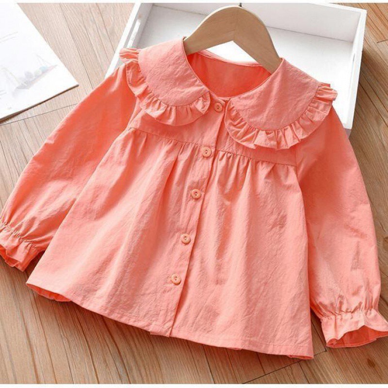 Mergaičių marškiniai, rudens universalūs vaikiški viršutiniai drabužiai su lėlės apykakle ir ilgomis rankovėmis, madingos vienspalvės liemenės mergaitėms, korėjietiško stiliaus vaikiški drabužiai