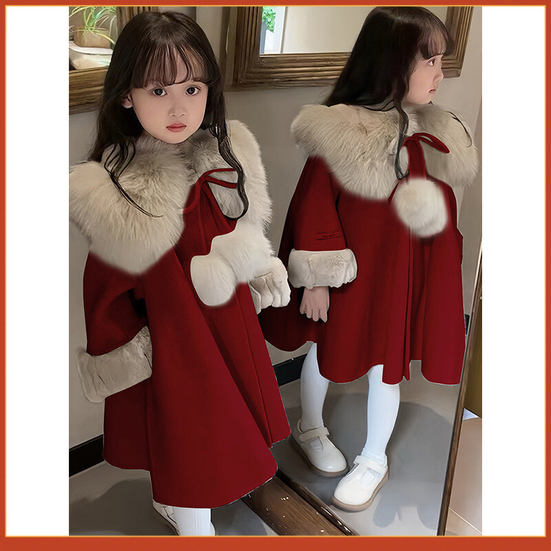 Vidutinio ilgio vilnonis paltas mergaitems 2024 ziema vaikiski raudoni naujametiniai drabuziai didelis vaikiskas pastorintas kolegines vilnos paltas