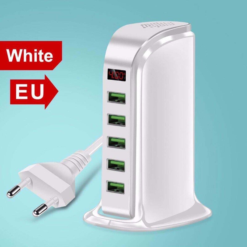 Piiriülene 5-pordiline USB-mobiiltelefonilaadija 5V4A Ameerika standardile Euroopa standardile vastav lauaarvuti reisinuti laadija LED-digitaalekraaniga