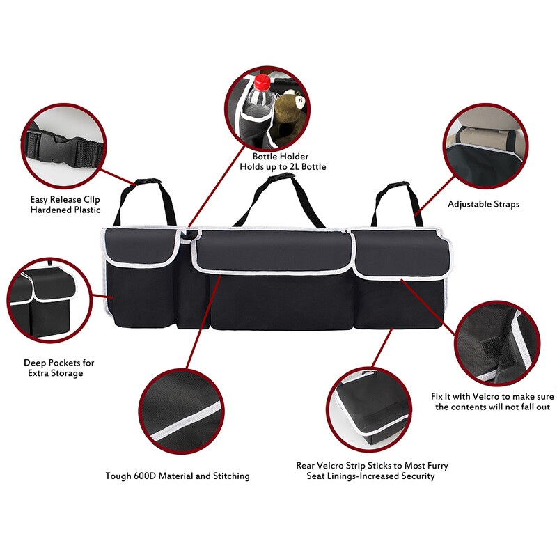 Automašīnas bagāžnieka organizators Oxford regulējams salona aksesuāri aizmugurējā sēdekļa glabāšanas soma 4 kabatas