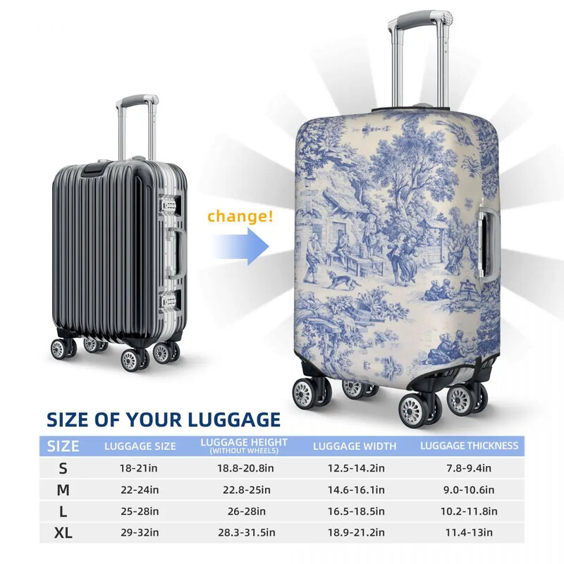 Husă pentru bagaje clasică franceză Toile De Jouy cu motiv albastru marin, valiză de călătorie elastică, huse de protecție, costum pentru 18-32 inci