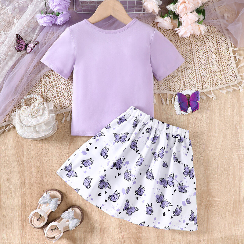 Външнотърговско детско облекло нов продукт за по-големи деца момичета лятна плисирана пола с пеперуда плетена тениска костюм
