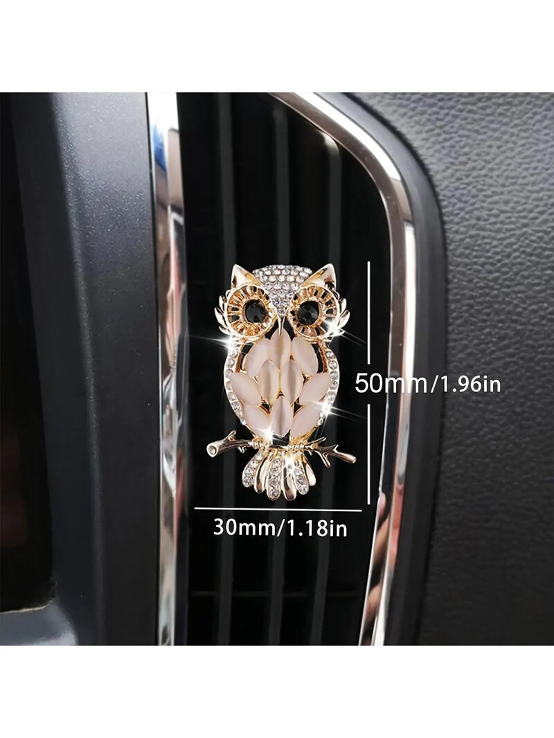 Clip decorativă pentru aerisire auto cu bufniță de cristal sclipitor auriu, aromaterapie pentru odorizant auto feminin, (decoratiuni metalice,