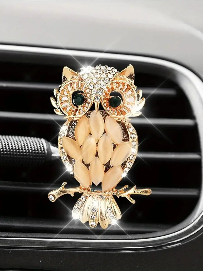 Clip decorativă pentru aerisire auto cu bufniță de cristal sclipitor auriu, aromaterapie pentru odorizant auto feminin, (decoratiuni metalice,