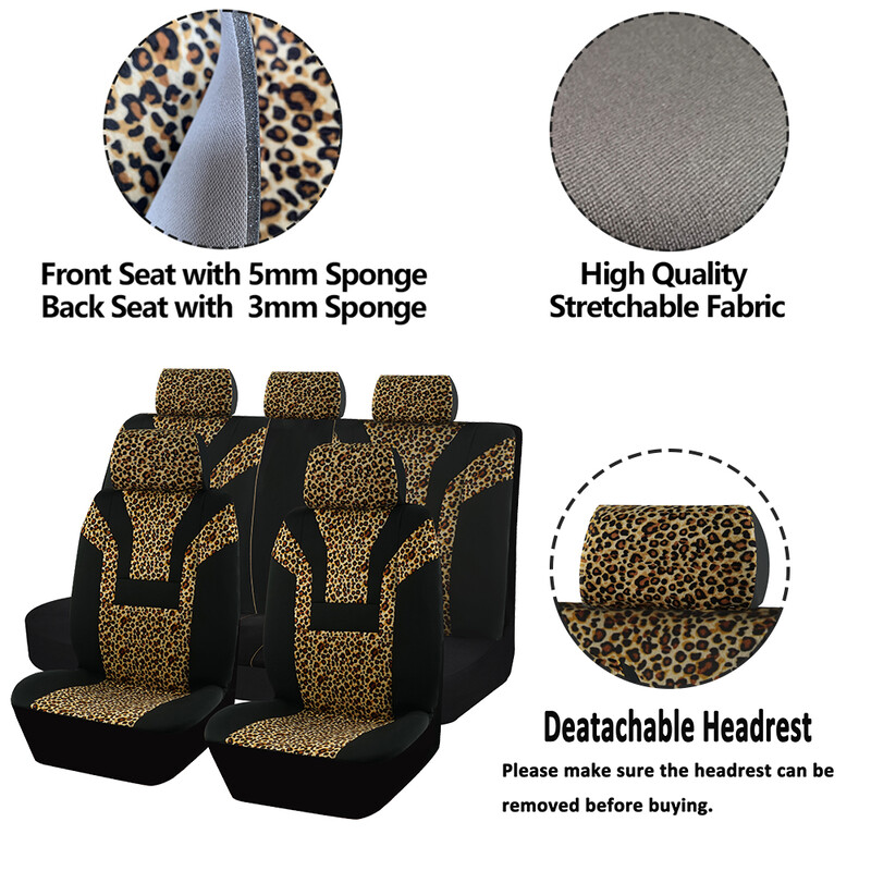 Huse scaun auto AUTO PLUS Leopard Protejează scaunul interiorului mașinii, compatibile cu airbag, se potrivește universal pentru mașini, SUV, camion, set complet