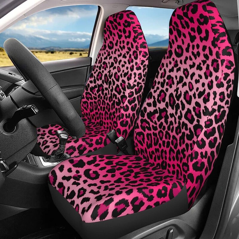 Rozā Leopard Print Auto Sēdekļu Pārvalki Komplekts 2 Gab Auto Salons Auto Piederumi Protetori Auto Paklājiņi Transportlīdzeklis