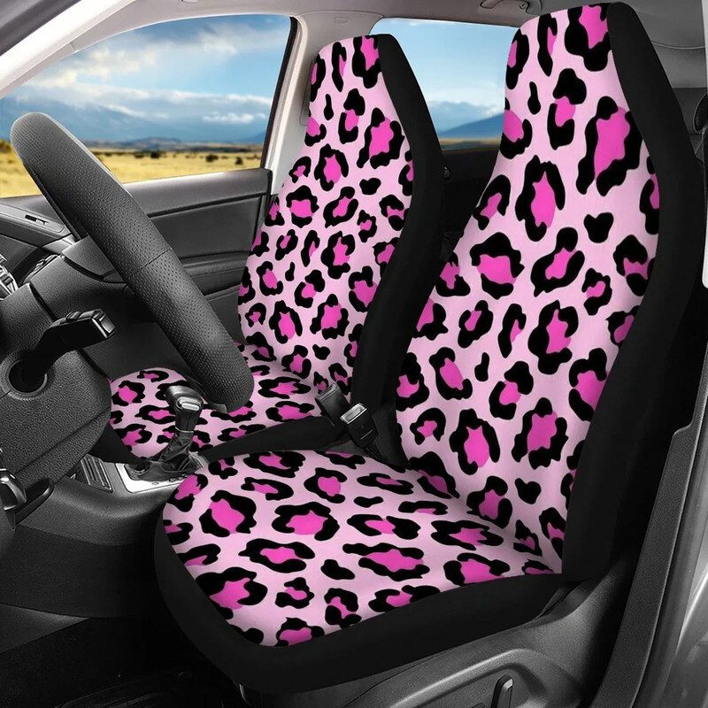 Husă pentru scaune auto cu design leopard roz, rezistentă la alunecare, durabilă, față și spate, pentru huse pentru scaune pentru vehicule Accesorii sedan moale