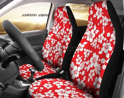 Set de huse pentru scaune auto cu model de flori hawaiene de hibiscus alb, negru cu alb
