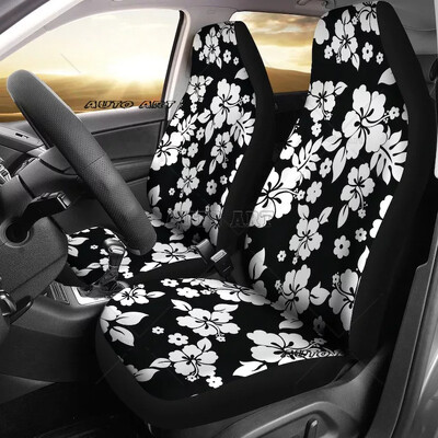 Set de huse pentru scaune auto cu model de flori hawaiene de hibiscus alb, negru cu alb