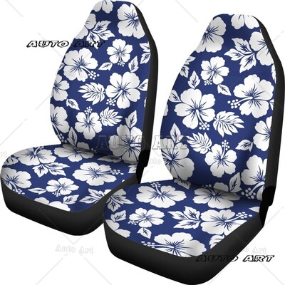 Set de huse pentru scaune auto cu model de flori hawaiene de hibiscus alb, negru cu alb