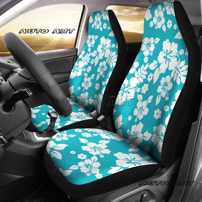 Set de huse pentru scaune auto cu model de flori hawaiene de hibiscus alb, negru cu alb