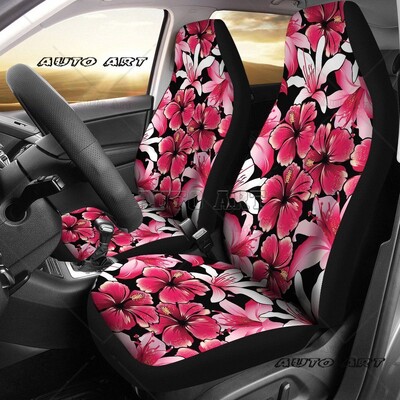 Set de huse pentru scaune auto cu model de flori hawaiene de hibiscus alb, negru cu alb
