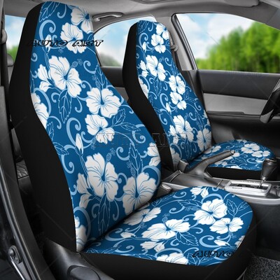 Set de huse pentru scaune auto cu model de flori hawaiene de hibiscus alb, negru cu alb