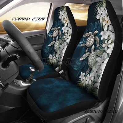 Set de huse pentru scaune auto cu model de flori hawaiene de hibiscus alb, negru cu alb