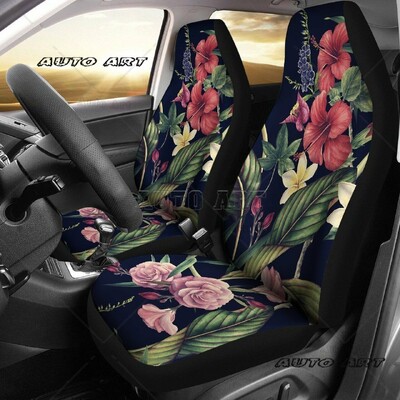 Set de huse pentru scaune auto cu model de flori hawaiene de hibiscus alb, negru cu alb