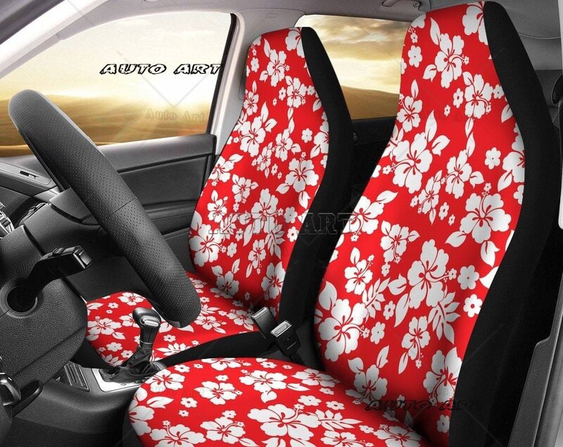 Set de huse pentru scaune auto cu model de flori hawaiene de hibiscus alb, negru cu alb