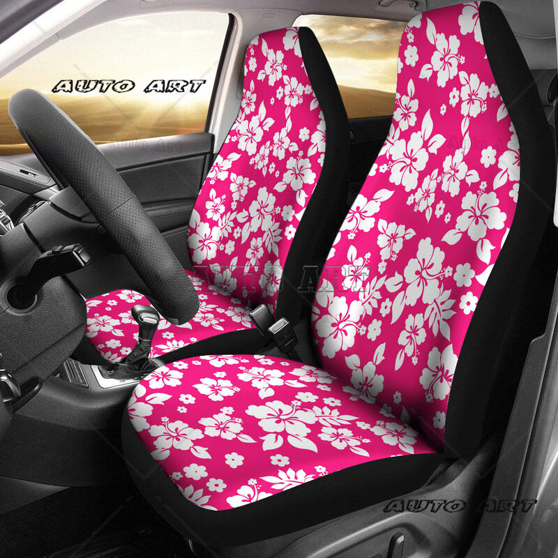 Set de huse pentru scaune auto cu model de flori hawaiene de hibiscus alb, negru cu alb
