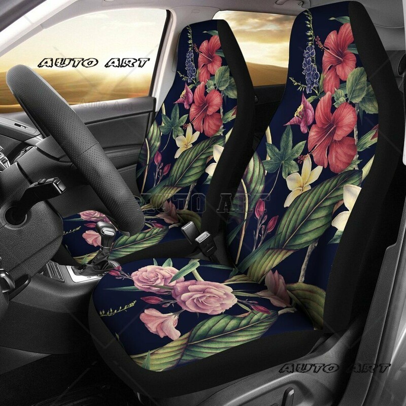 Set de huse pentru scaune auto cu model de flori hawaiene de hibiscus alb, negru cu alb