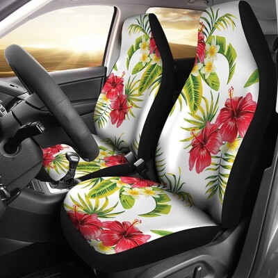 Huse pentru scaune auto cu flori de culoare albă și culoarea albă de hibiscus, set de 2 hawaieni, pachet de 2 huse de protecție universale pentru scaunul din față