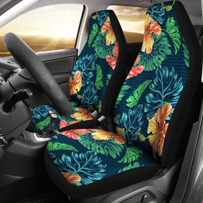 Huse pentru scaune auto cu flori de culoare albă și culoarea albă de hibiscus, set de 2 hawaieni, pachet de 2 huse de protecție universale pentru scaunul din față