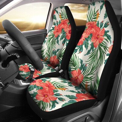 Huse pentru scaune auto cu flori de culoare albă și culoarea albă de hibiscus, set de 2 hawaieni, pachet de 2 huse de protecție universale pentru scaunul din față
