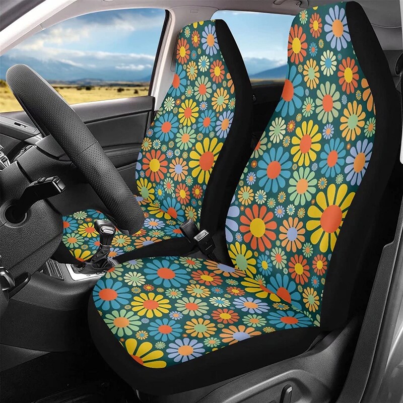 Huse pentru scaune auto Hippie Flower Huse pentru scaune pentru mașină față Daisy Set de 2 Covoraș de protecție pentru mașină Se potrivește universal pentru majoritatea camioanelor auto