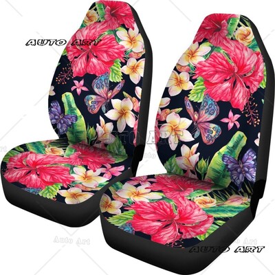 Huse pentru scaune auto cu flori de hibiscus, roz fierbinte, model polinezian cu flori hawaiene, 2 huse de protecție universale pentru scaunul din față