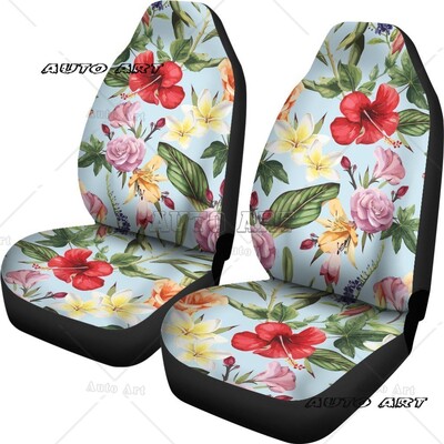 Huse pentru scaune auto cu flori de hibiscus, roz fierbinte, model polinezian cu flori hawaiene, 2 huse de protecție universale pentru scaunul din față