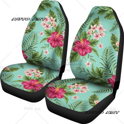 Huse pentru scaune auto cu flori de hibiscus, roz fierbinte, model polinezian cu flori hawaiene, 2 huse de protecție universale pentru scaunul din față