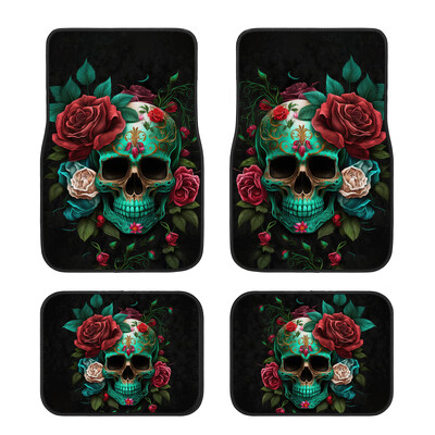 Covor auto universal cu imprimare cu craniu și trandafiri Covor auto antiderapant, durabil, în patru anotimpuri Covor de podea ușor de curățat și rezistent la uzură