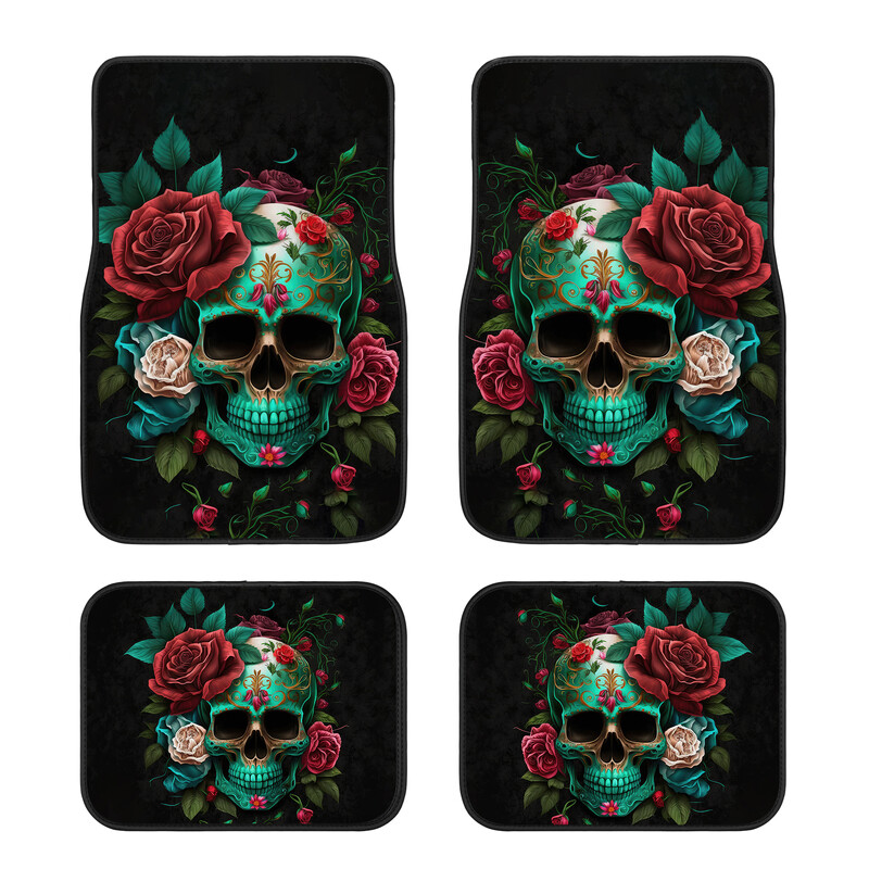 Covor auto universal cu imprimare cu craniu și trandafiri Covor auto antiderapant, durabil, în patru anotimpuri Covor de podea ușor de curățat și rezistent la uzură