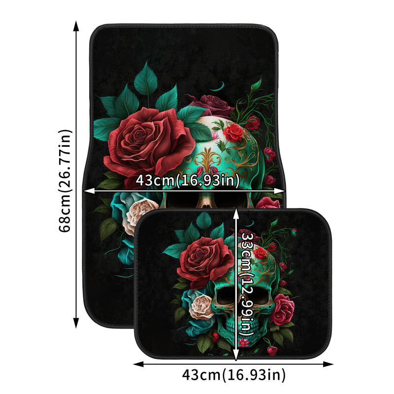 Covor auto universal cu imprimare cu craniu și trandafiri Covor auto antiderapant, durabil, în patru anotimpuri Covor de podea ușor de curățat și rezistent la uzură
