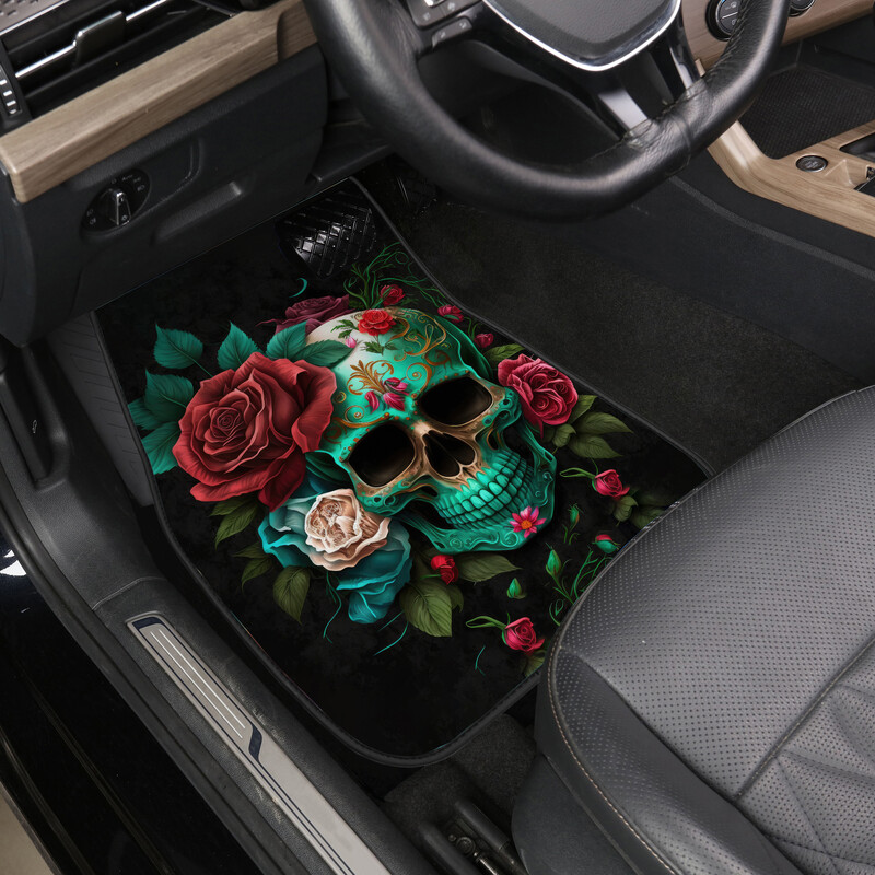 Covor auto universal cu imprimare cu craniu și trandafiri Covor auto antiderapant, durabil, în patru anotimpuri Covor de podea ușor de curățat și rezistent la uzură