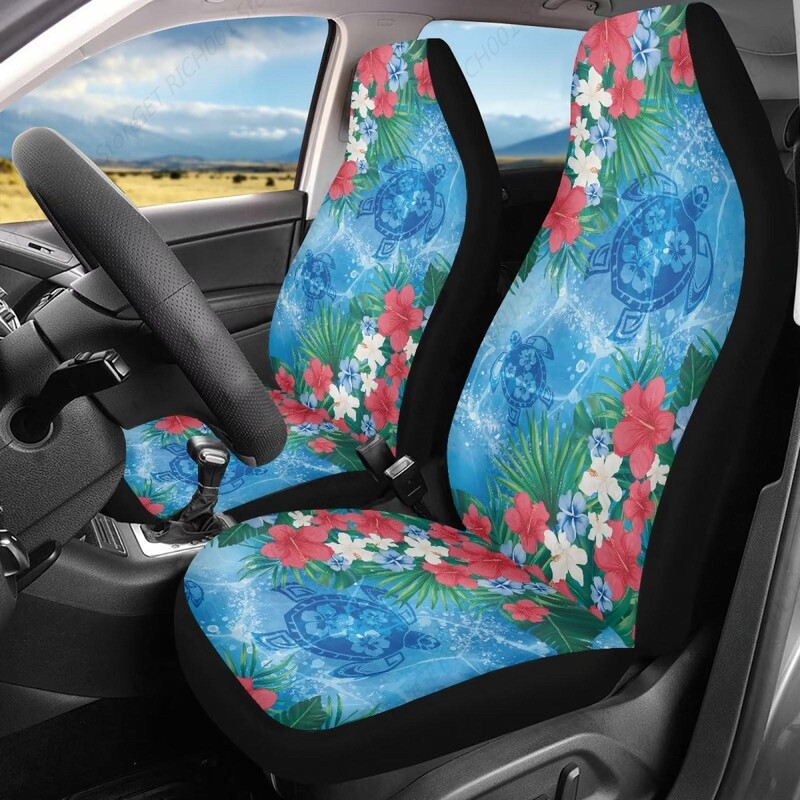 Hawaiian Print Auto sēdekļu pārvalki Hibiscus ziedu jūras bruņurupuča raksta sēdekļa aizsargs automašīnas priekšējam sēdeklim, universālie sēdekļu pārvalki 2 gab.