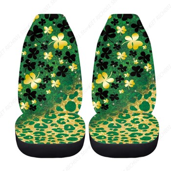 Green Leaf Leopard Print Καλύμματα καθισμάτων αυτοκινήτου για γυναίκες, St. Προστατευτικό μπροστινών καθισμάτων αυτοκινήτου γενικής χρήσης με θέμα Patrick\'s Day