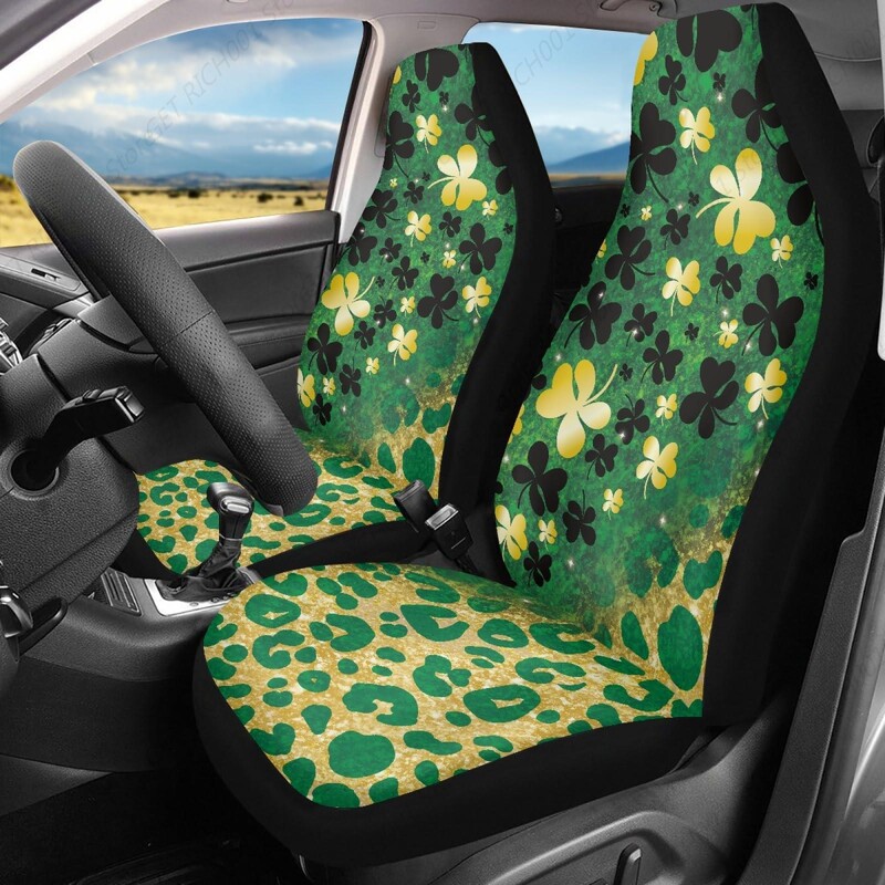 Huse pentru scaune auto cu imprimeu leopard verde pentru femei,St. Protecție universală pentru scaune față cu tema Zilei lui Patrick