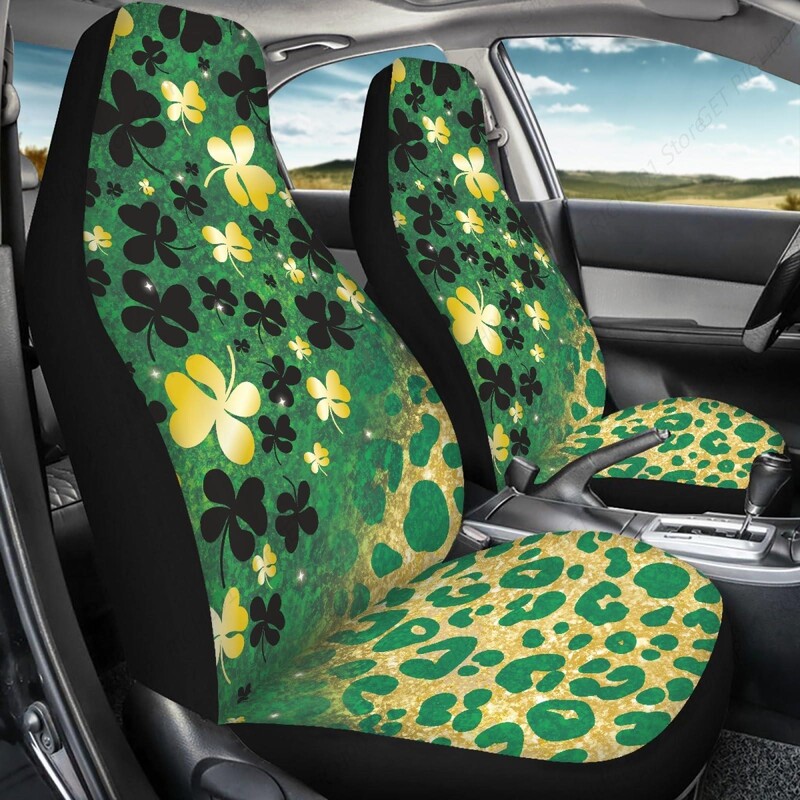 Huse pentru scaune auto cu imprimeu leopard verde pentru femei,St. Protecție universală pentru scaune față cu tema Zilei lui Patrick