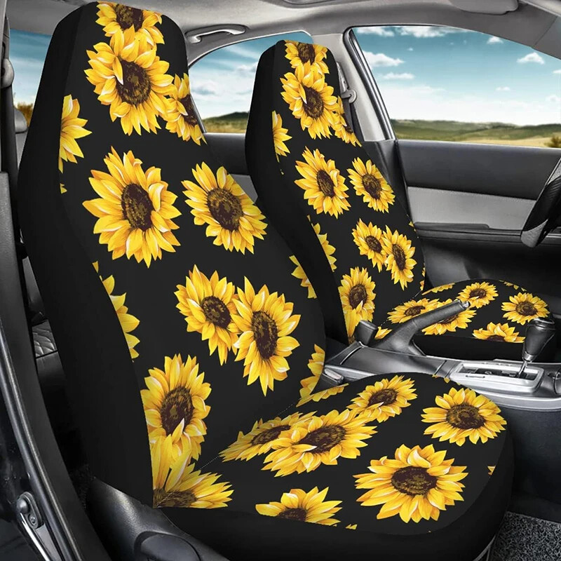 Automašīnu priekšējo sēdekļu pārvalki ar saulespuķu apdruku 2 gab. Automašīnu sēdekļu spilvenu pārvalki Ērti sēdekļu pārvalki, kas piemēroti lielākajai daļai automašīnu kravas automašīnu SUV