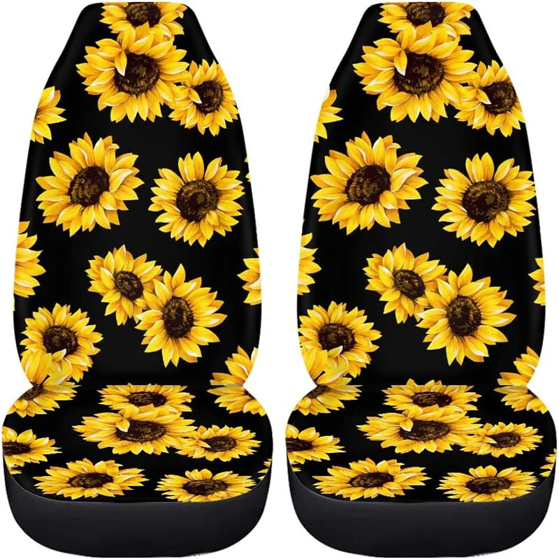 Automašīnu priekšējo sēdekļu pārvalki ar saulespuķu apdruku 2 gab. Automašīnu sēdekļu spilvenu pārvalki Ērti sēdekļu pārvalki, kas piemēroti lielākajai daļai automašīnu kravas automašīnu SUV