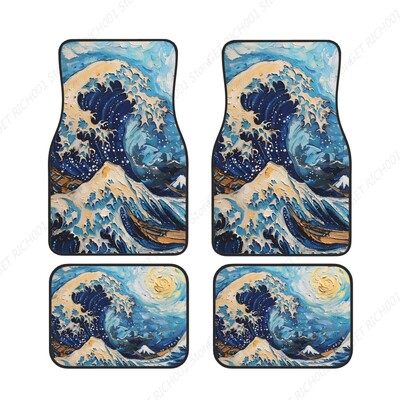 Van Gogh Wave Funny Covoraș pentru picior de mașină Set de 4 bucăți Set Covorașe de podea pentru mașini, accesorii auto față spate