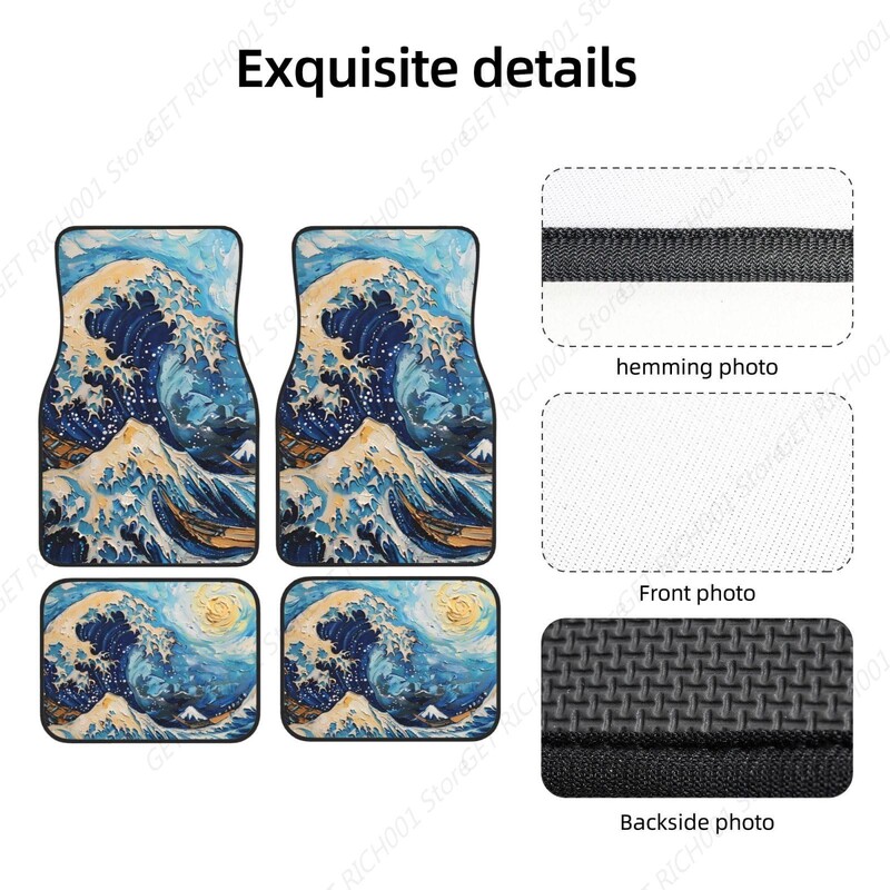 Van Gogh Wave Funny Covoraș pentru picior de mașină Set de 4 bucăți Set Covorașe de podea pentru mașini, accesorii auto față spate