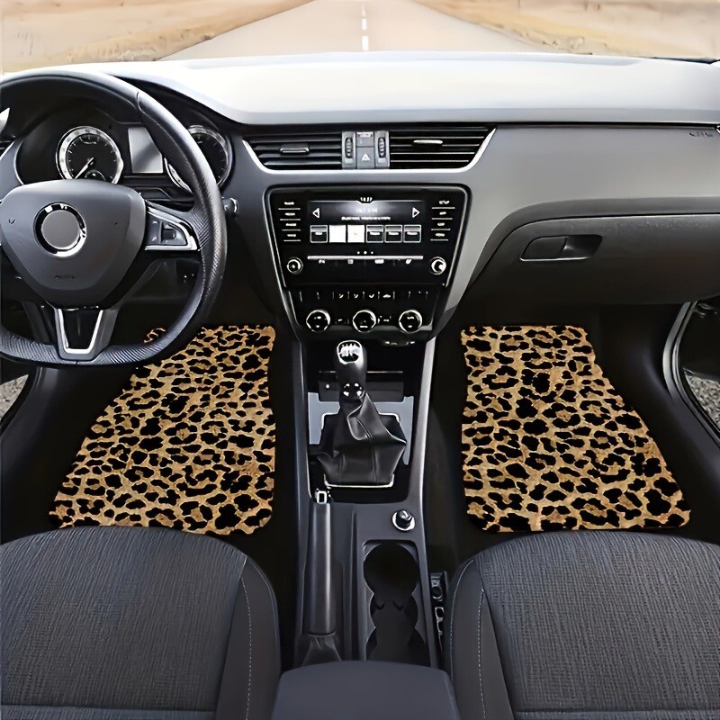 Set de 4 bucăți covorașe auto cu imprimeu leopard, fibră de poliester, absorbante, antiderapante, lavabile pentru mașini și SUV-uri
