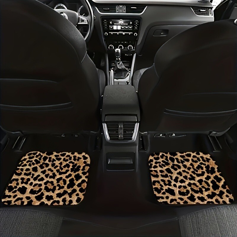 Set de 4 bucăți covorașe auto cu imprimeu leopard, fibră de poliester, absorbante, antiderapante, lavabile pentru mașini și SUV-uri