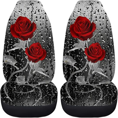 Set de huse pentru scaune de mașină cu linie de flori de trandafiri roșii imprimate pentru femei, bărbați, 2 buc.