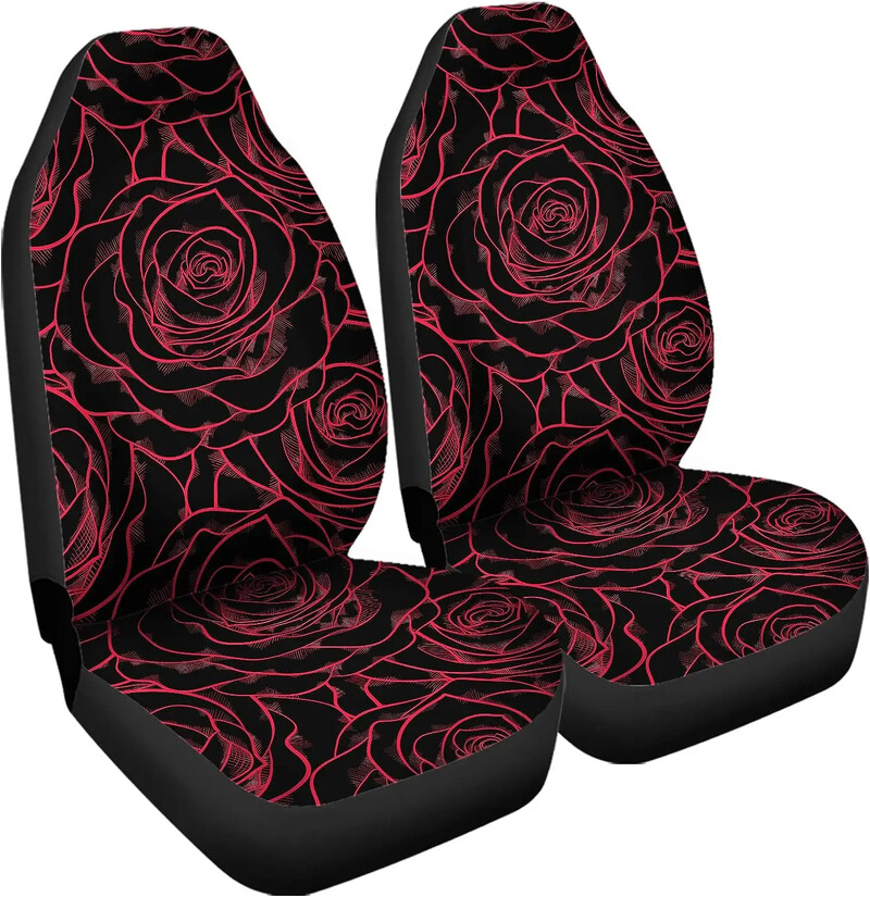 Set de huse pentru scaune de mașină cu linie de flori de trandafiri roșii imprimate pentru femei, bărbați, 2 buc.