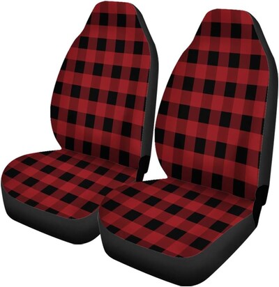 Set od 2 navlake za autosjedalice, crveni uzorak, flanel, karirani tartan, crni bivolski, ležerni, univerzalni zaštitnik za prednja sjedala za automobile