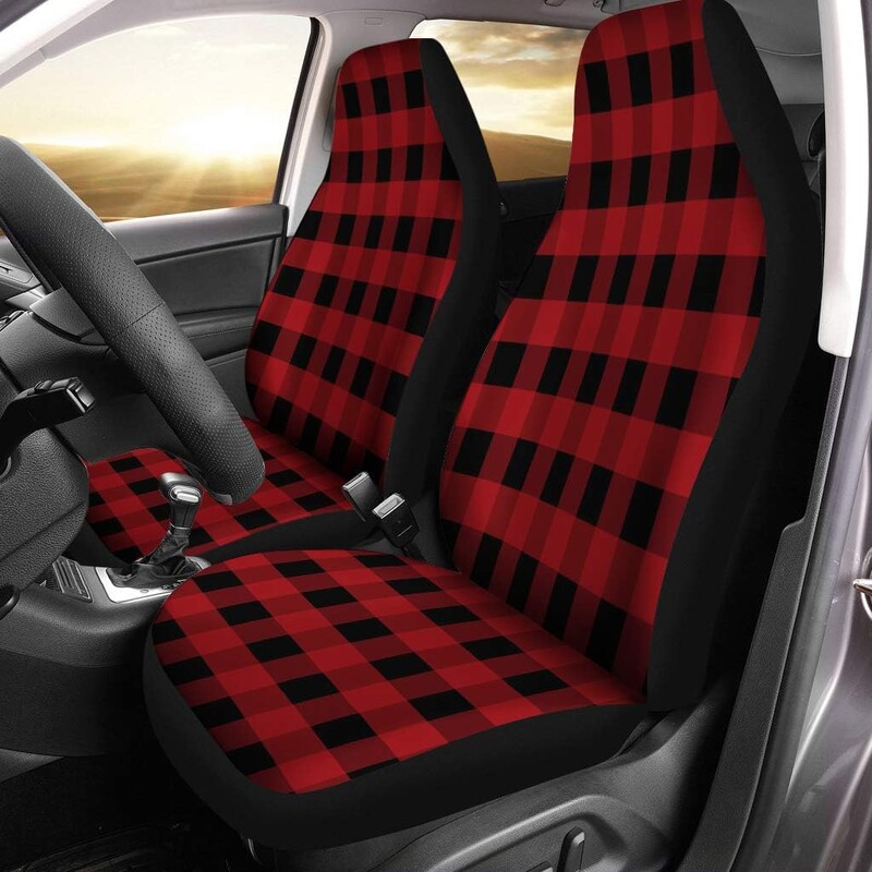 Set de 2 huse pentru scaune auto cu model roșu flanel în carouri tartan negru bivol casual ocazional protecție universală pentru scaune față auto se potrivește pentru mașină