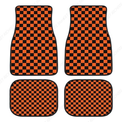 Model de tablă de șah negru și portocaliu 4 buc Covoare auto Covoare auto Seturi complete Potrivire universală pentru Suv Sedan Camioane All Weather