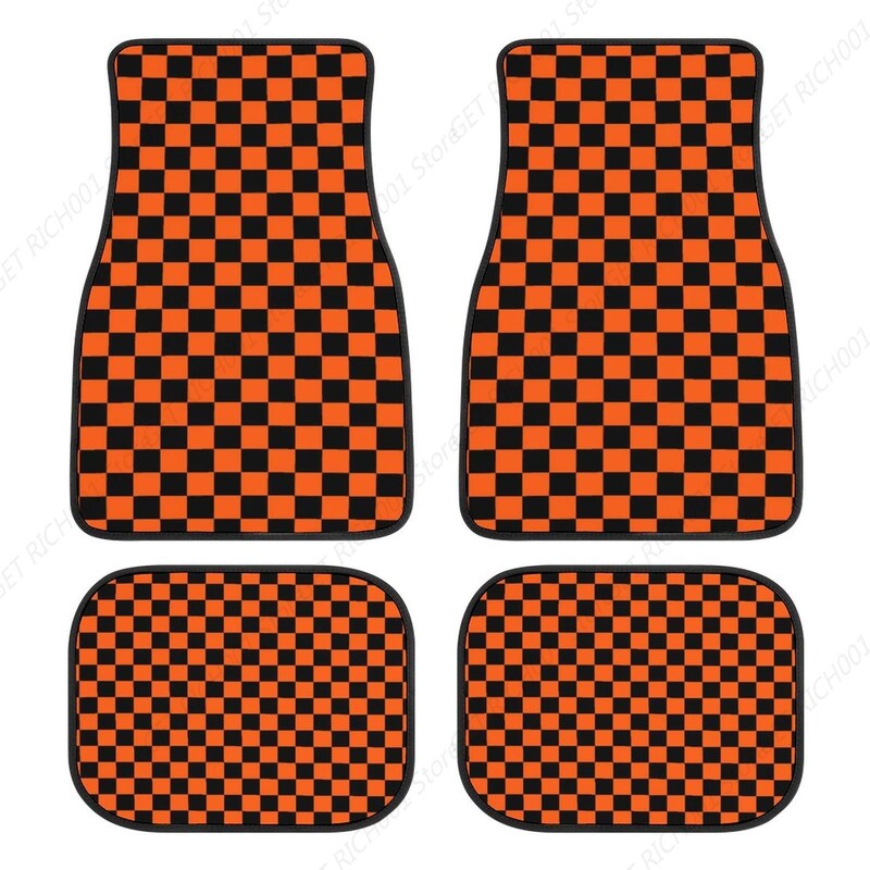 Model de tablă de șah negru și portocaliu 4 buc Covoare auto Covoare auto Seturi complete Potrivire universală pentru Suv Sedan Camioane All Weather